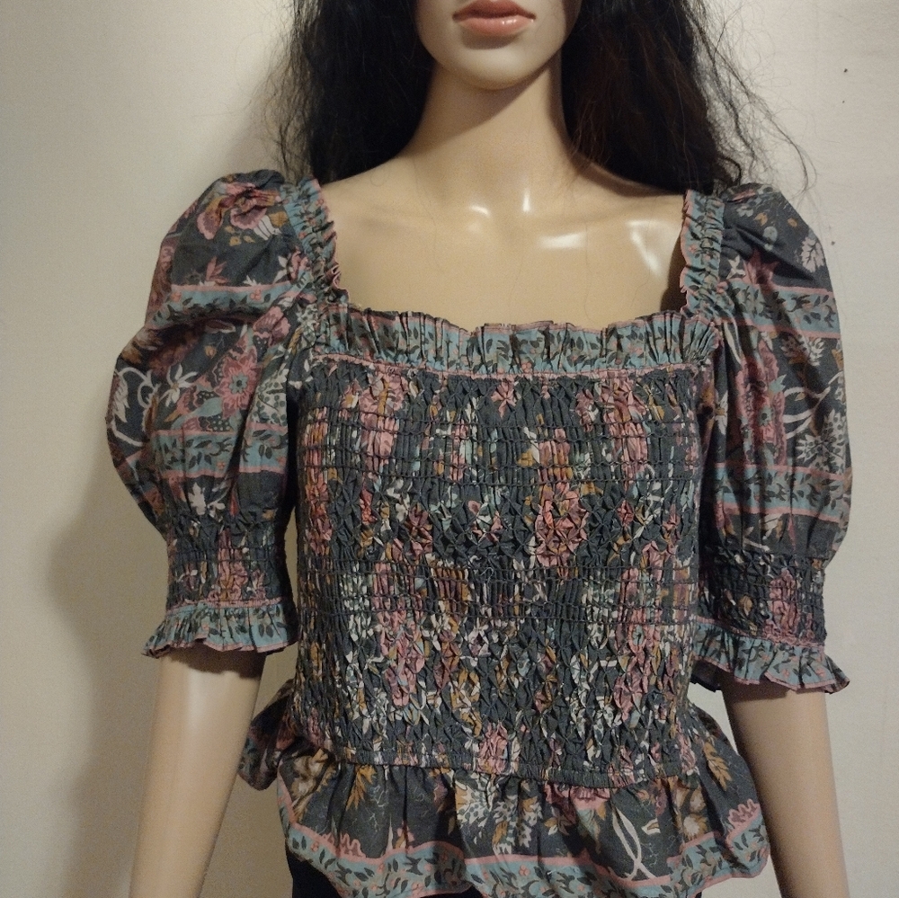 Sea Floral Smocked Puff Sleeve Top, NWT, Size L